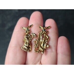 Rhinestone Rabbit Couple Shaped Gold Tone Brooches Vintage Costume Jewelry